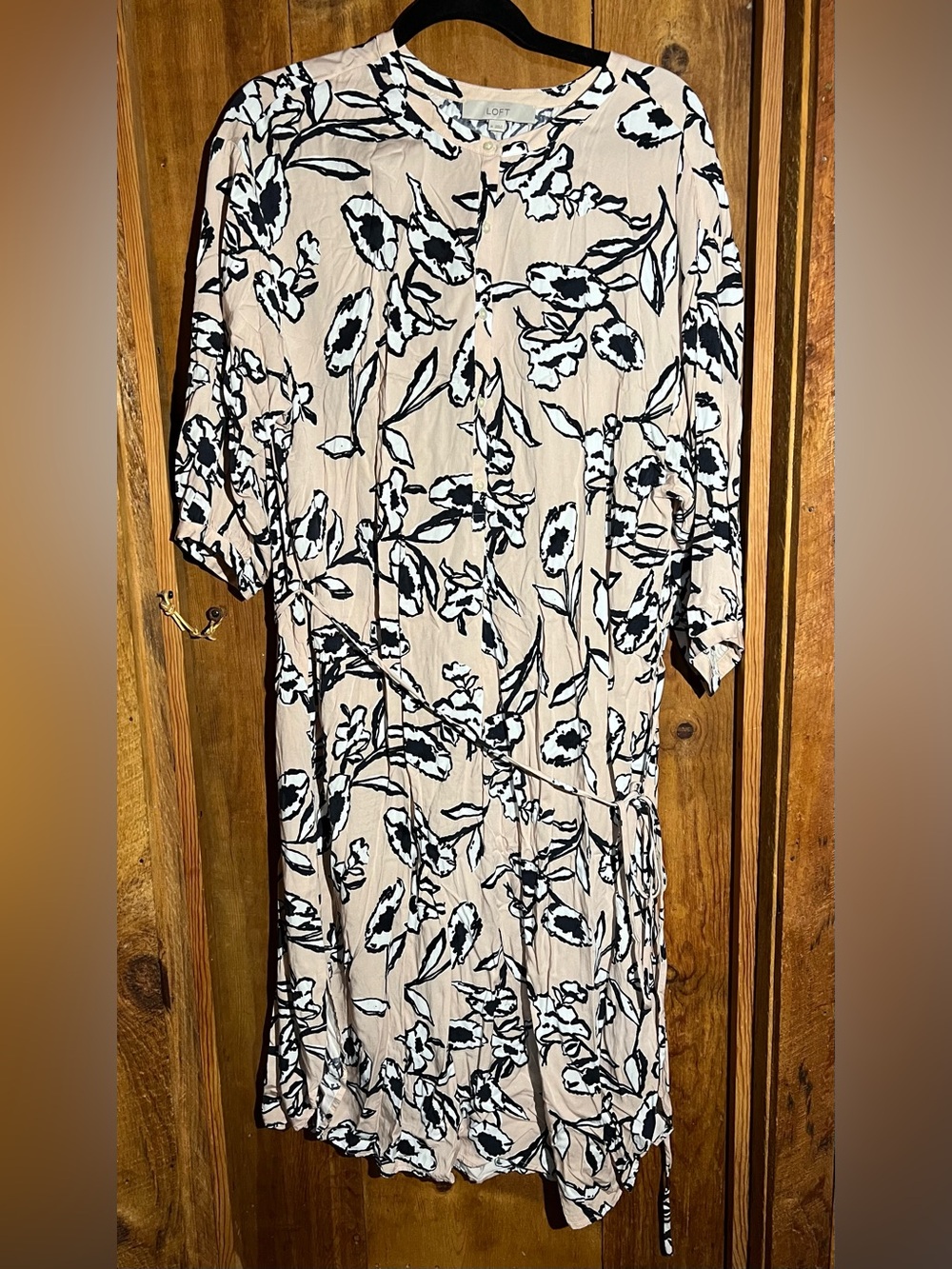 LOFT Beige/Peach Midi Dress with Black & White Floral Print